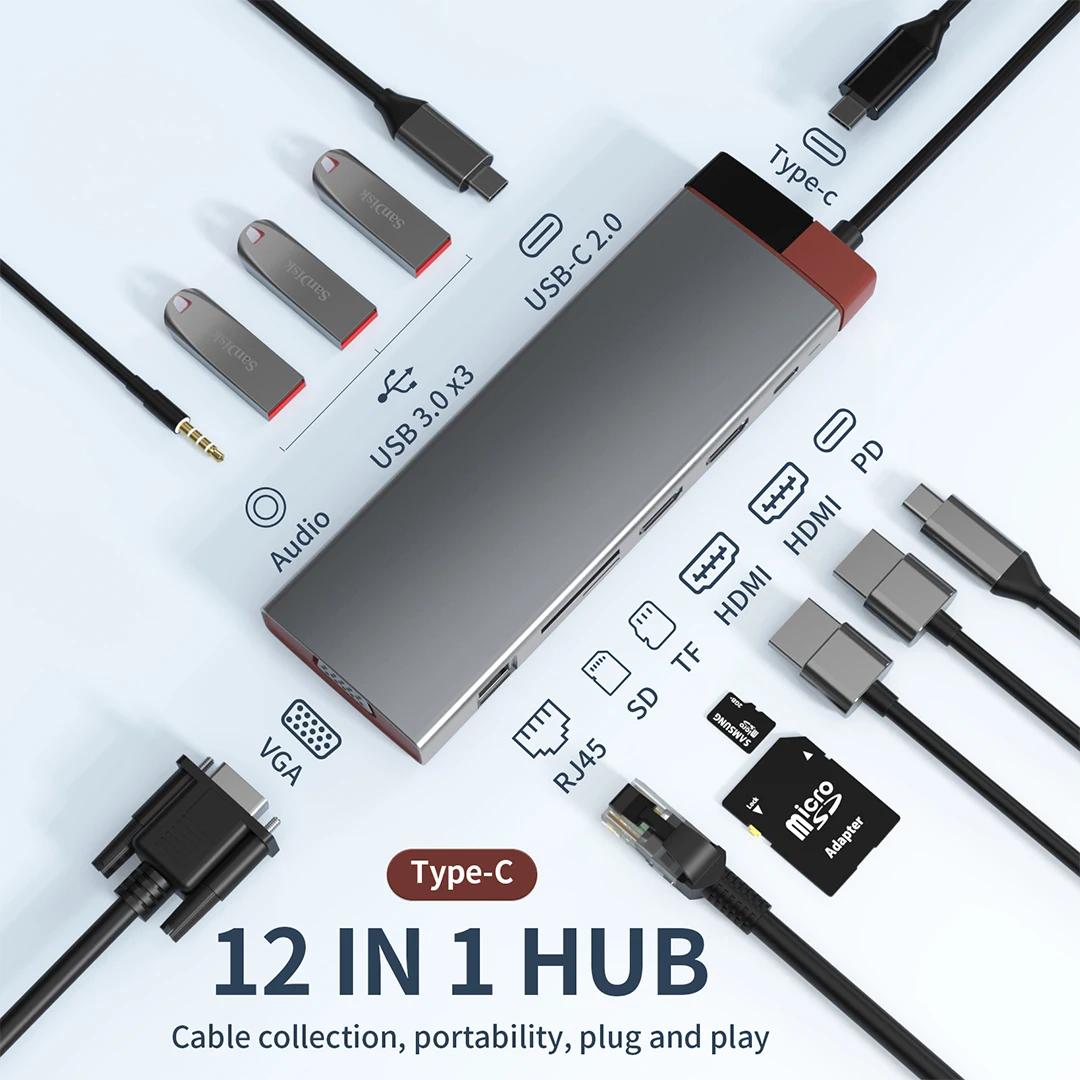 ŷ ̼ USB  1000M RJ45 ̴ HD 4K VGA ͽټ, Tipo C Ÿ PD100W ũ ߱, HDM ȣȯ, 12 in 1